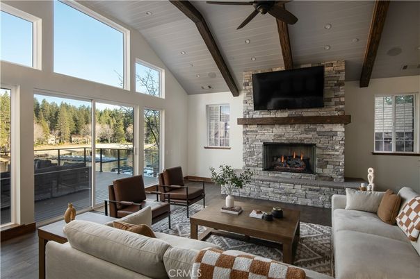 Fireplace, Interior, Living room, Recessed Lighting, Wooden Beams, Wooden Ceilings, Wood Texture Flooring