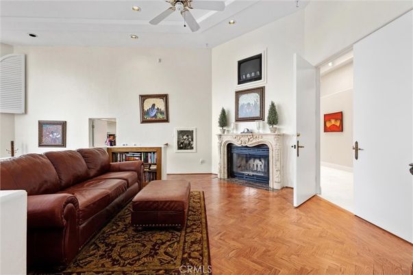 Fireplace, Interior, Living room, Recessed Lighting, Wood Texture Flooring