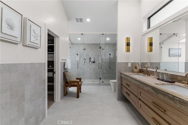 Bathroom, Dual Sink Vanities, Glass Shower, Interior, Recessed Lighting
