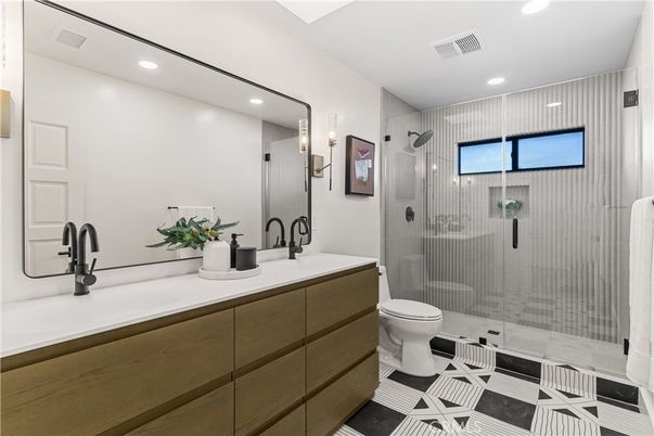 Bathroom, Dual Sink Vanities, Glass Shower, Interior, Recessed Lighting
