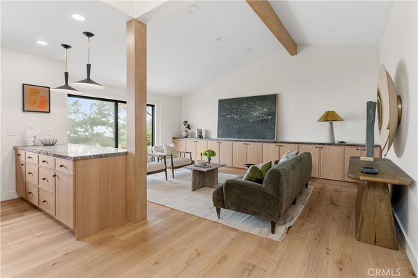 Interior, Living room, Pendant Lights, Recessed Lighting, Wooden Beams, Wood Texture Flooring