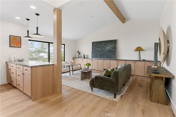 Interior, Living room, Pendant Lights, Recessed Lighting, Wooden Beams, Wood Texture Flooring