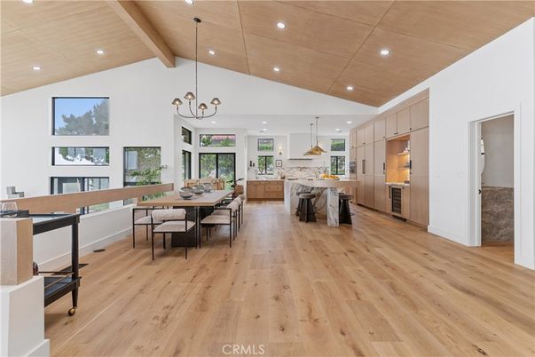 Chandelier, Dining room, Interior, Kitchen, Pendant Lights, Recessed Lighting, Wooden Beams, Wooden Ceilings, Wood Texture Flooring