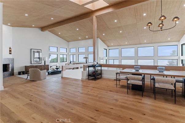 Dining room, Fireplace, Interior, Living room, Pendant Lights, Recessed Lighting, Wooden Beams, Wooden Ceilings, Wood Texture Flooring