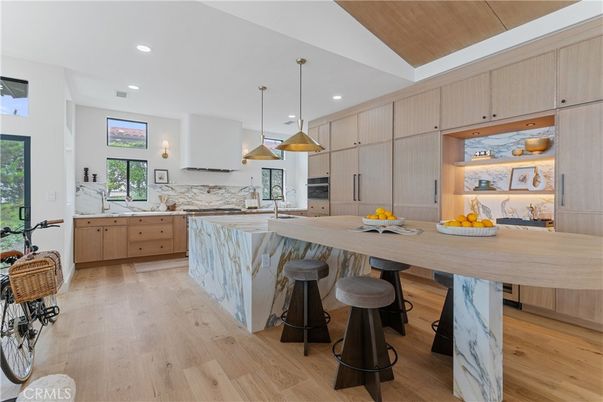 Interior, Kitchen, Marble Walls, Pendant Lights, Recessed Lighting, Wood Texture Flooring