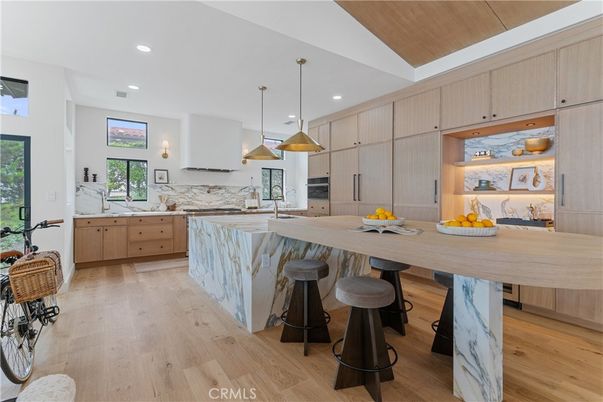 Interior, Kitchen, Marble Walls, Pendant Lights, Recessed Lighting, Wood Texture Flooring