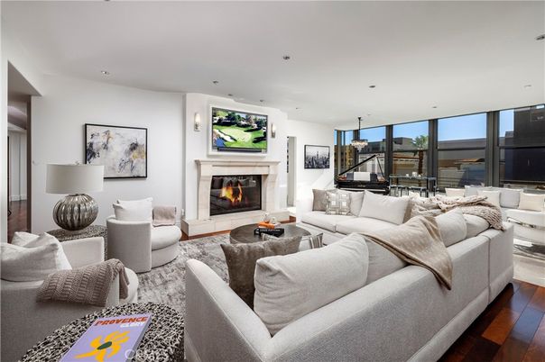 Dining room, Fireplace, Interior, Living room, Pendant Lights, Recessed Lighting, Wood Texture Flooring