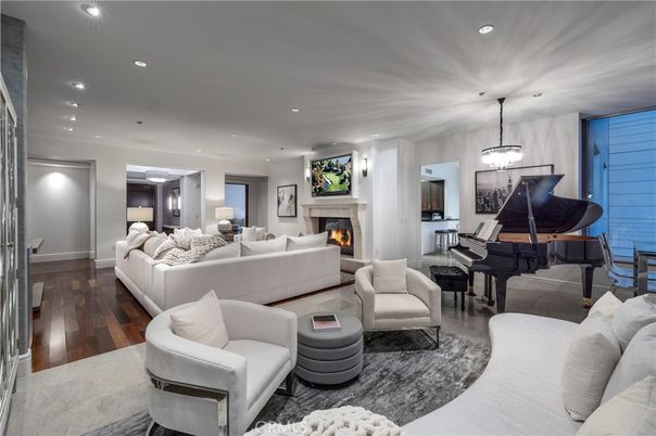 Fireplace, Interior, Living room, Pendant Lights, Piano, Recessed Lighting, Wood Texture Flooring