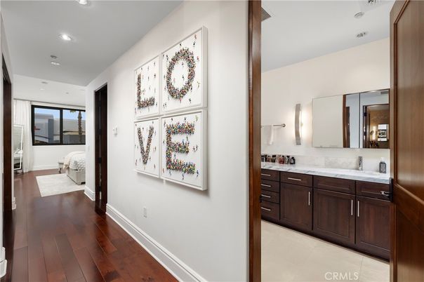 Bathroom, Bedroom, Dual Sink Vanities, Interior, Recessed Lighting, Wood Texture Flooring