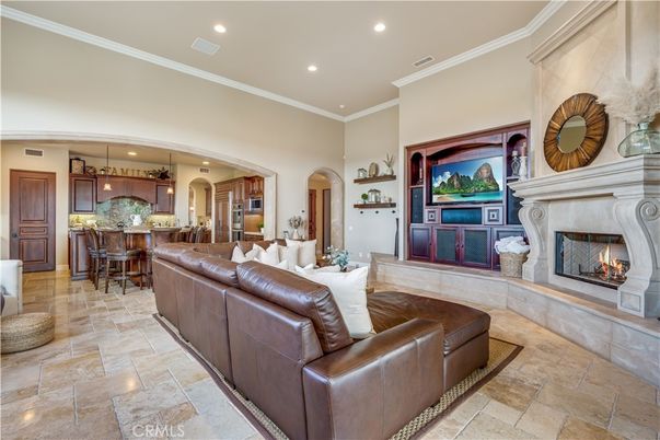 Fireplace, Interior, Kitchen, Living room, Pendant Lights, Recessed Lighting