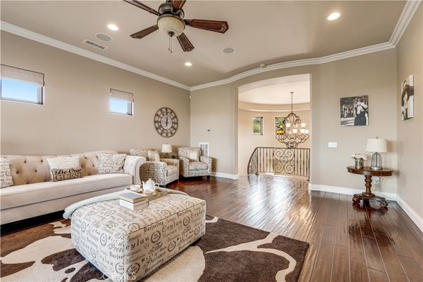 Chandelier, Interior, Living room, Recessed Lighting, Wood Texture Flooring