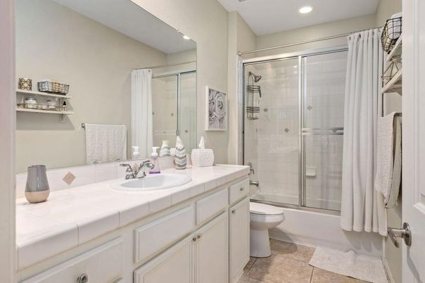 Bathroom, Glass Shower, Interior, Recessed Lighting, Tile Countertops