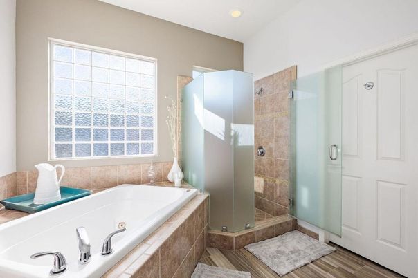 Bathroom, Glass Shower, Interior, Recessed Lighting, Wood Texture Flooring