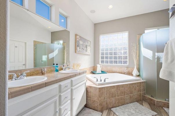 Bathroom, Dual Sink Vanities, Interior, Recessed Lighting, Tile Countertops