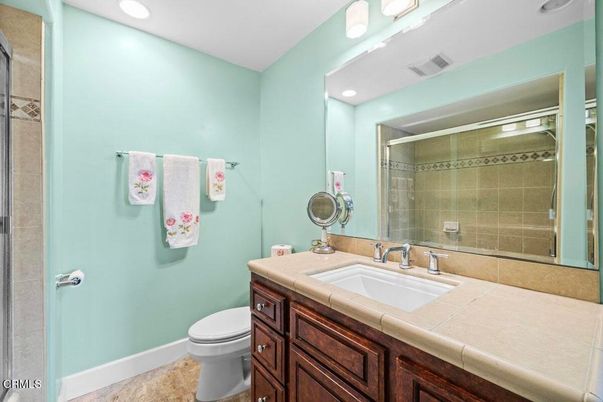 Bathroom, Glass Shower, Interior, Recessed Lighting, Tile Countertops