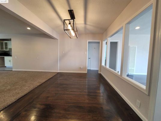 Empty room, Interior, Pendant Lights, Recessed Lighting, Wood Texture Flooring