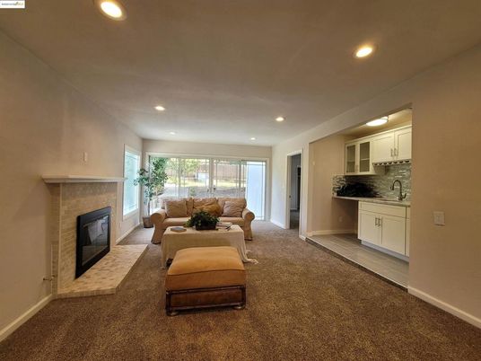 Fireplace, Interior, Kitchen, Living room, Recessed Lighting