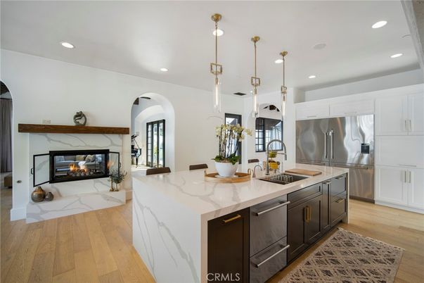 Fireplace, Interior, Kitchen, Pendant Lights, Recessed Lighting, Stainless Steel Appliances, Wood Texture Flooring