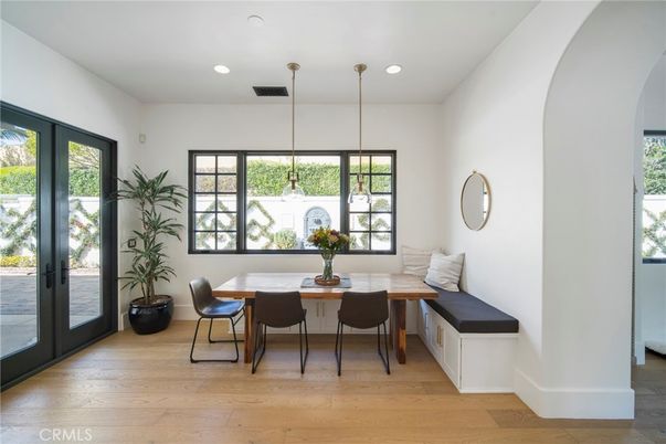 Dining room, Interior, Pendant Lights, Recessed Lighting, Wood Texture Flooring