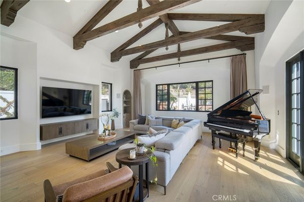 Interior, Living room, Piano, Recessed Lighting, Wooden Beams, Wood Texture Flooring