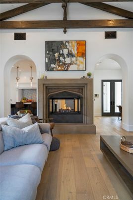 Dining room, Fireplace, Interior, Living room, Pendant Lights, Wooden Beams, Wood Texture Flooring