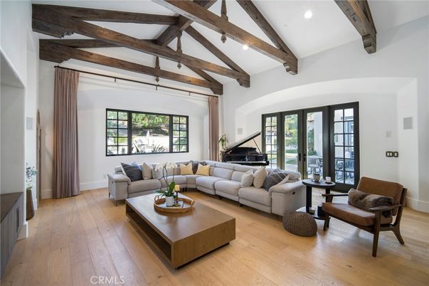 Interior, Living room, Piano, Recessed Lighting, Wooden Beams, Wood Texture Flooring