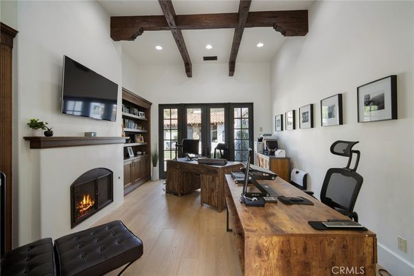 Fireplace, Home Office, Interior, Recessed Lighting, Wooden Beams, Wood Texture Flooring