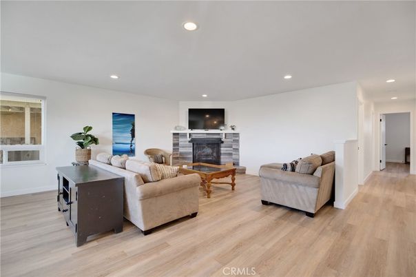 Fireplace, Interior, Living room, Recessed Lighting, Wood Texture Flooring