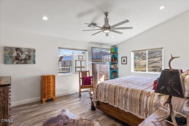 Bedroom, Interior, Recessed Lighting, Wood Texture Flooring