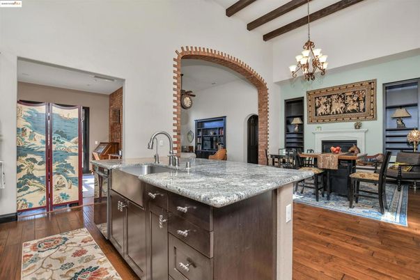 Chandelier, Dining room, Fireplace, Interior, Wooden Beams, Wood Texture Flooring