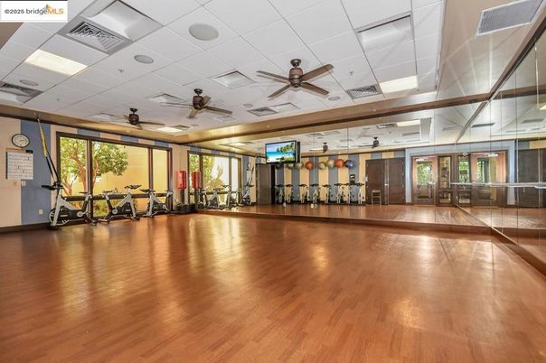 Fitness Equipment, Gym, Interior, Recessed Lighting, Wood Texture Flooring