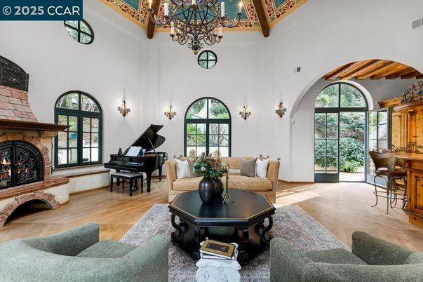Chandelier, Fireplace, Interior, Living room, Piano, Wooden Beams, Wood Texture Flooring