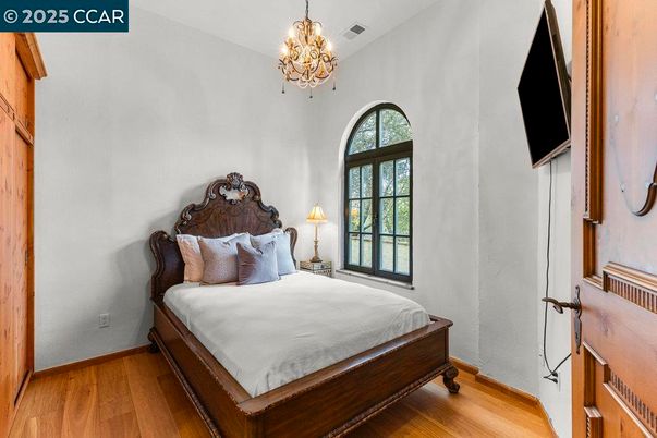 Bedroom, Chandelier, Interior, Wood Texture Flooring