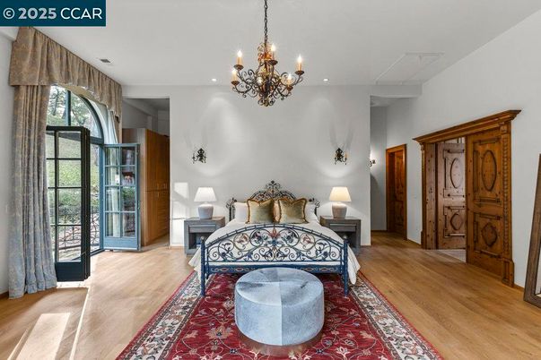 Bedroom, Chandelier, Interior, Recessed Lighting, Wood Texture Flooring