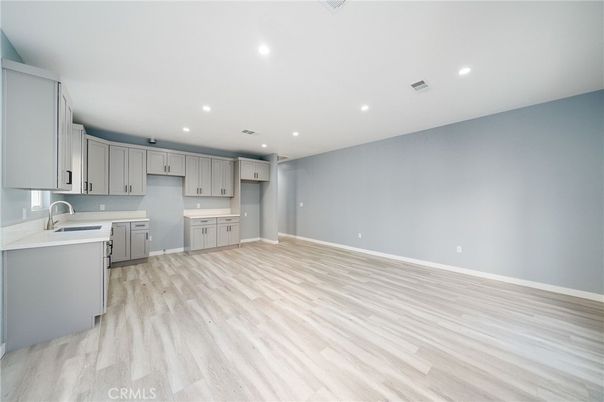 Empty room, Interior, Kitchen, Recessed Lighting, Wood Texture Flooring