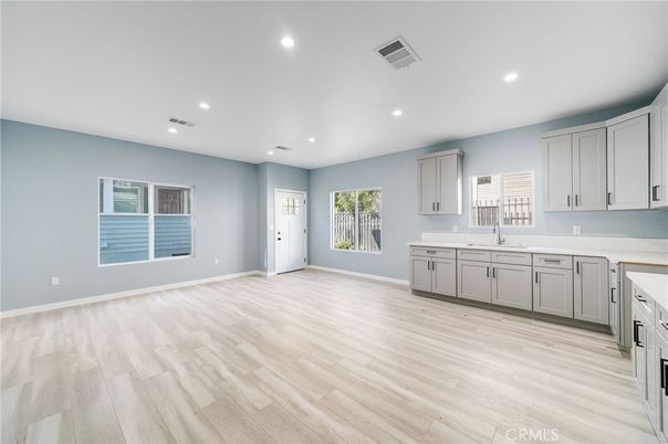 Empty room, Interior, Kitchen, Recessed Lighting, Wood Texture Flooring