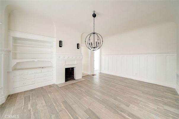 Empty room, Fireplace, Interior, Pendant Lights, Wood Texture Flooring