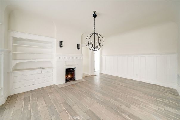 Empty room, Fireplace, Interior, Pendant Lights, Wood Texture Flooring