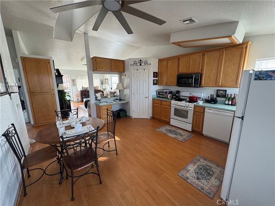 Dining room, Interior, Kitchen, Stainless Steel Appliances, Wood Texture Flooring