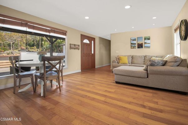 Dining room, Interior, Living room, Recessed Lighting, Wood Texture Flooring
