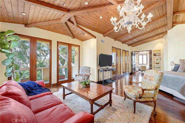 Bedroom, Chandelier, Interior, Living room, Recessed Lighting, Wooden Beams, Wooden Ceilings, Wood Texture Flooring