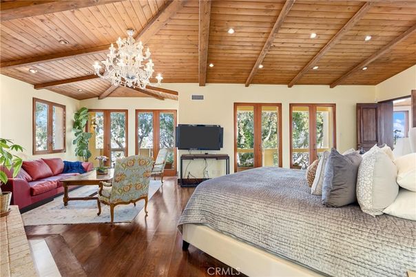 Bedroom, Chandelier, Interior, Living room, Recessed Lighting, Wooden Beams, Wooden Ceilings, Wood Texture Flooring
