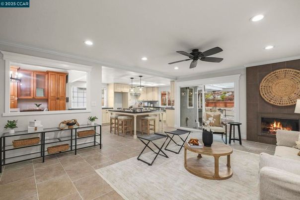 Fireplace, Interior, Kitchen, Living room, Pendant Lights, Recessed Lighting