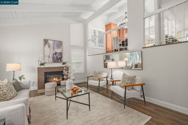 Fireplace, Interior, Living room, Pendant Lights, Wood Texture Flooring