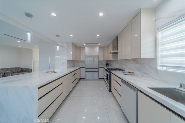 Interior, Kitchen, Marble Walls, Pendant Lights, Recessed Lighting
