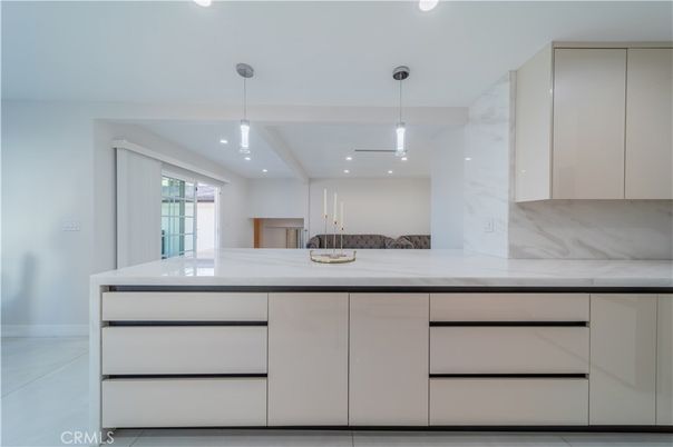 Interior, Kitchen, Marble Walls, Pendant Lights, Recessed Lighting