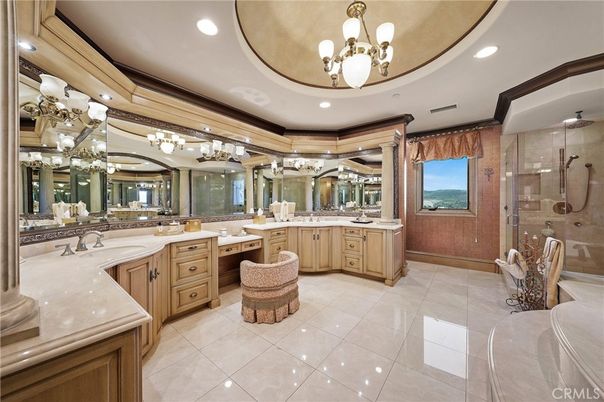 Bathroom, Chandelier, Dual Sink Vanities, Glass Shower, Interior, Recessed Lighting