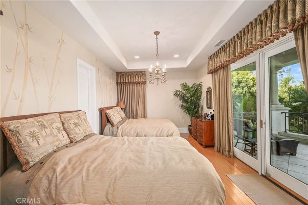 Bedroom, Chandelier, Interior, Recessed Lighting, Wood Texture Flooring