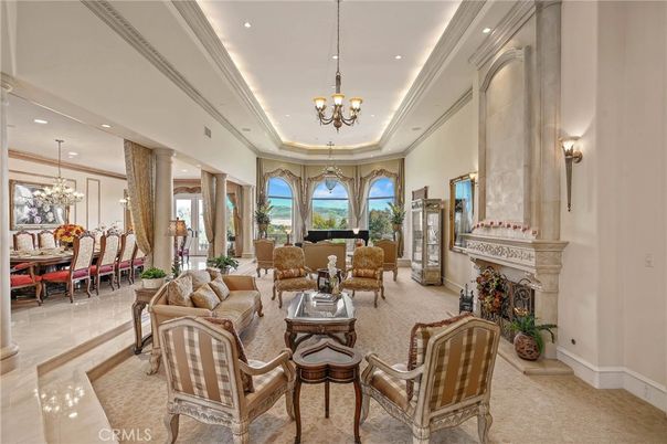 Chandelier, Dining room, Fireplace, Interior, Living room, Recessed Lighting