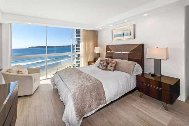 Bedroom, Interior, Recessed Lighting, Water, Wood Texture Flooring